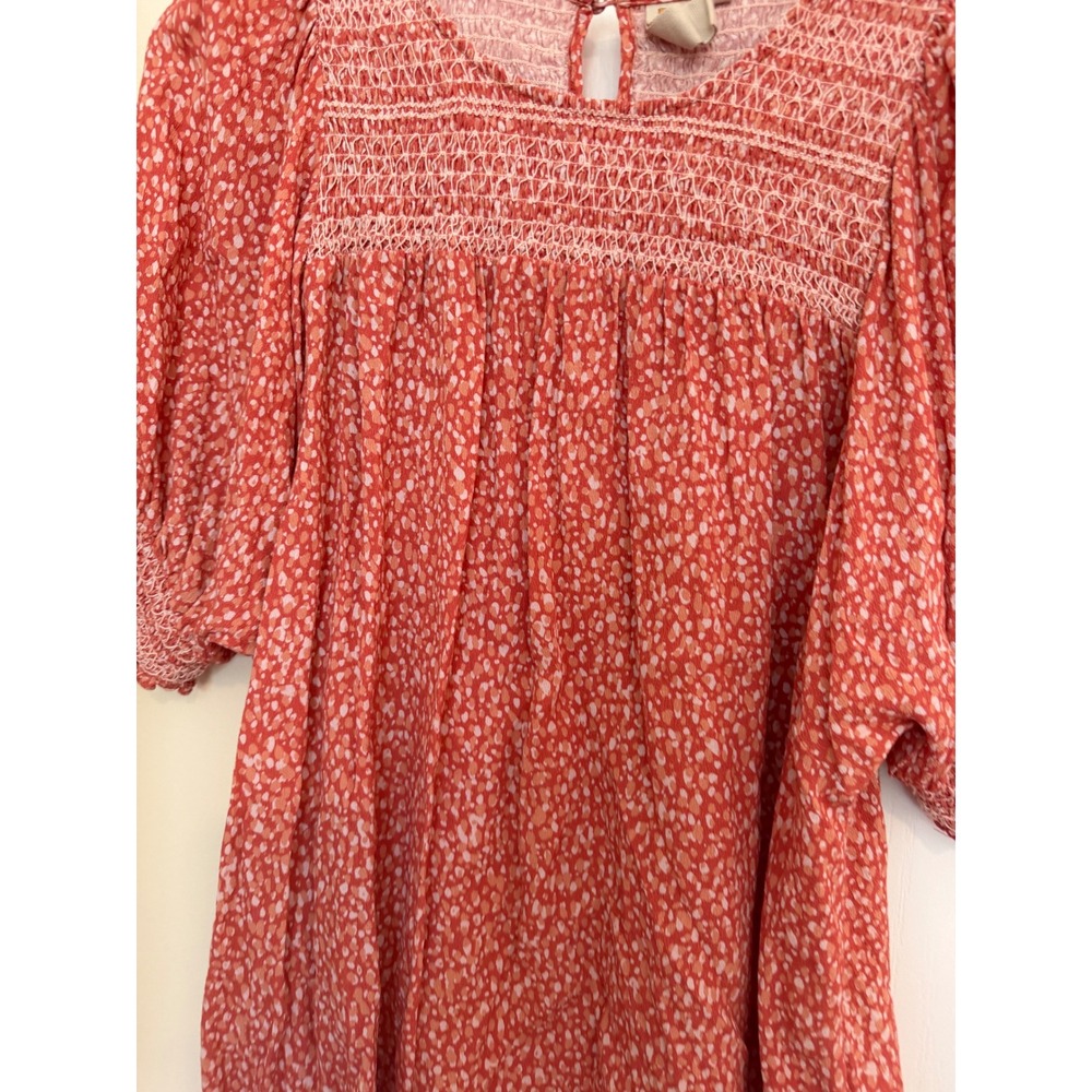 Dolan Left Coast Orange White Smocked Blouse Abstract Dot Print Top Large Womens - Picture 2 of 5